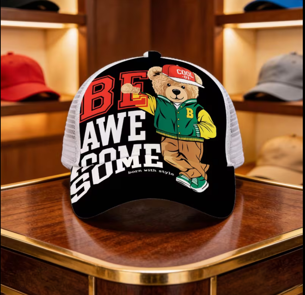 1pc Bear Graphic And Sporty Style Adjustable Snapback Hat Mesh Cap Hand Washable Four Seasons Suitable Breathable Design with Durable Construction for Outdoor Use Ideal Gift for Men And Women