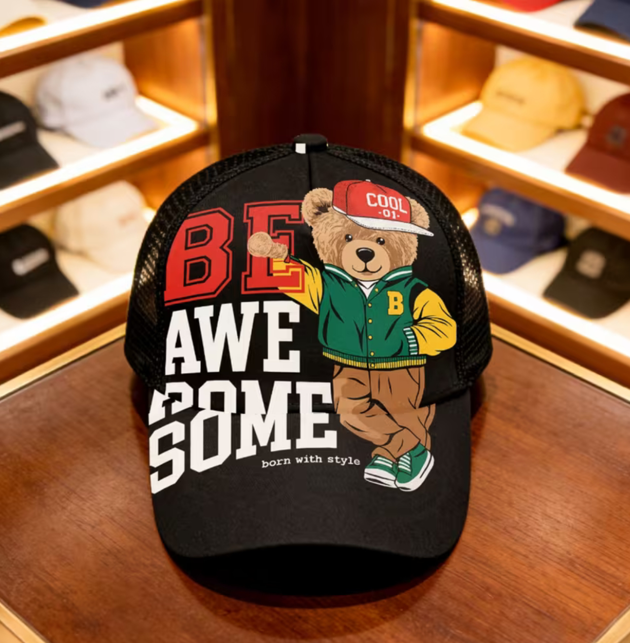 1pc Bear Graphic And Sporty Style Adjustable Snapback Hat Mesh Cap Hand Washable Four Seasons Suitable Breathable Design with Durable Construction for Outdoor Use Ideal Gift for Men And Women
