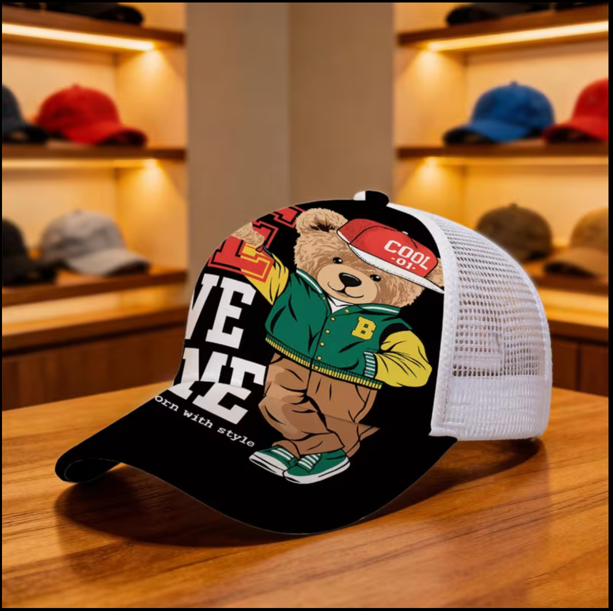 1pc Bear Graphic And Sporty Style Adjustable Snapback Hat Mesh Cap Hand Washable Four Seasons Suitable Breathable Design with Durable Construction for Outdoor Use Ideal Gift for Men And Women