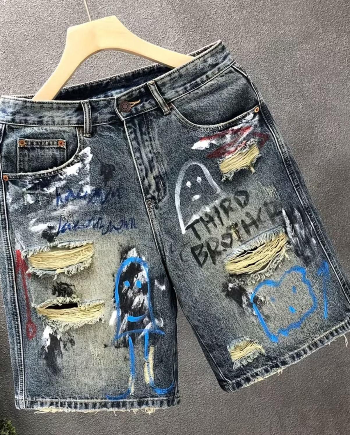 Men's Denim Shorts with Distressed Details, Straight-leg Loose Fit, Fashionable Trendy Shorts, Denim, Men's Fashion