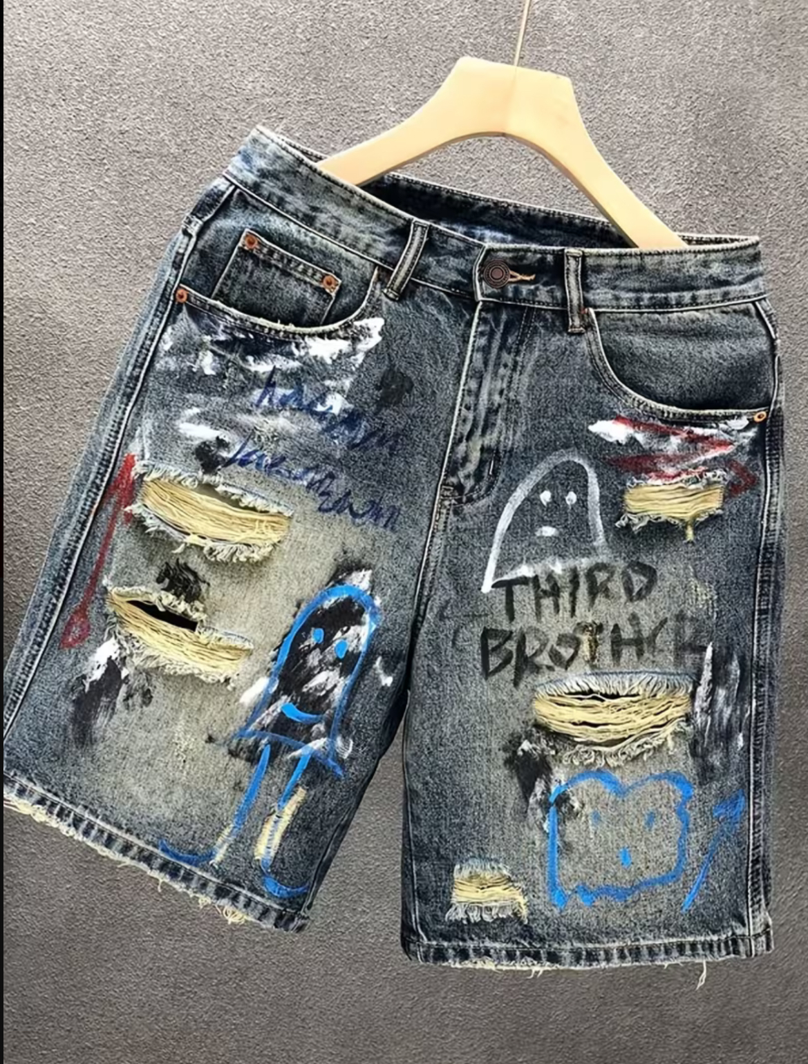 Men's Denim Shorts with Distressed Details, Straight-leg Loose Fit, Fashionable Trendy Shorts, Denim, Men's Fashion