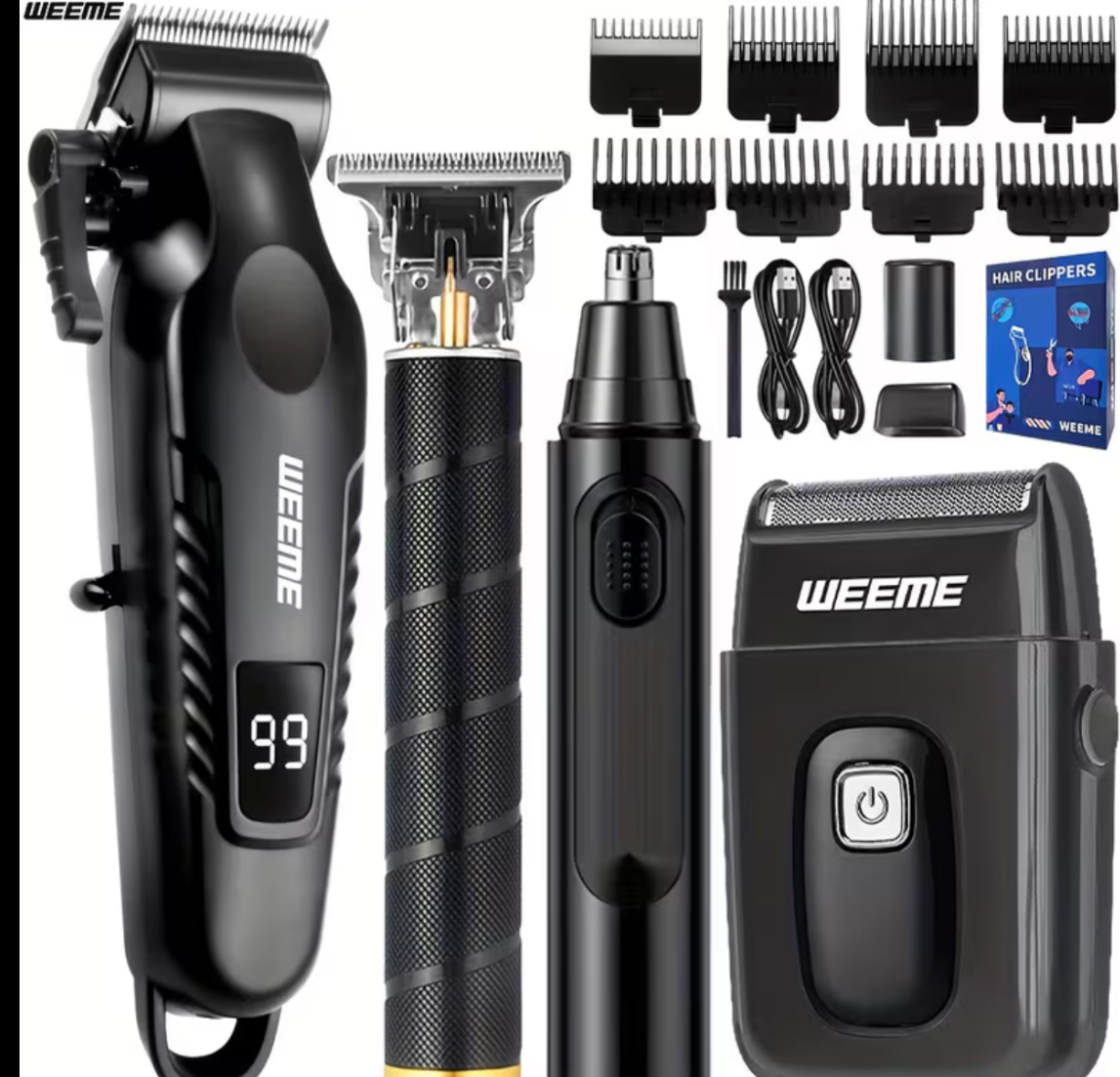 WEEME 4pcs Man's Grooming Kit Electric Hair Clipper + Beard Trimmer + Shaver + Nose Hair Trimmer, USB Rechargeable with LCD Display I Perfect Gift for Dad, Husband, Boyfriend (Father's Day/Birthday)