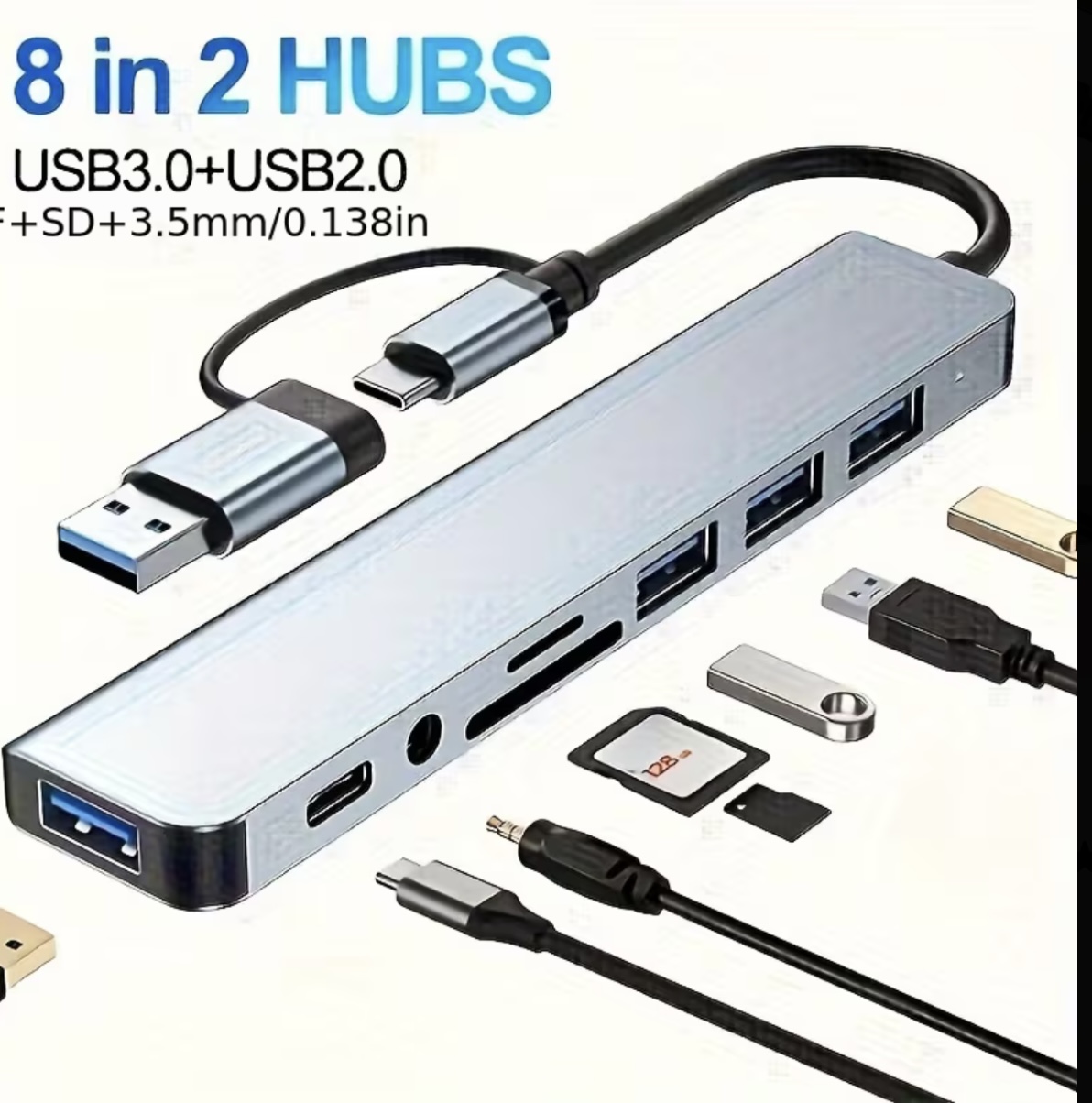 1 8-In-1 USB C Hub with Audio Jack | Compatible with Tablets, USB Powered, 5V Operating Voltage
