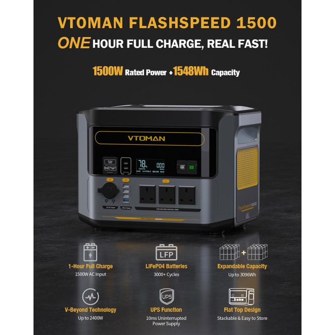 VTOMAN FlashSpeed 1500 Power Station and Solar Generator 1548Wh/1500W