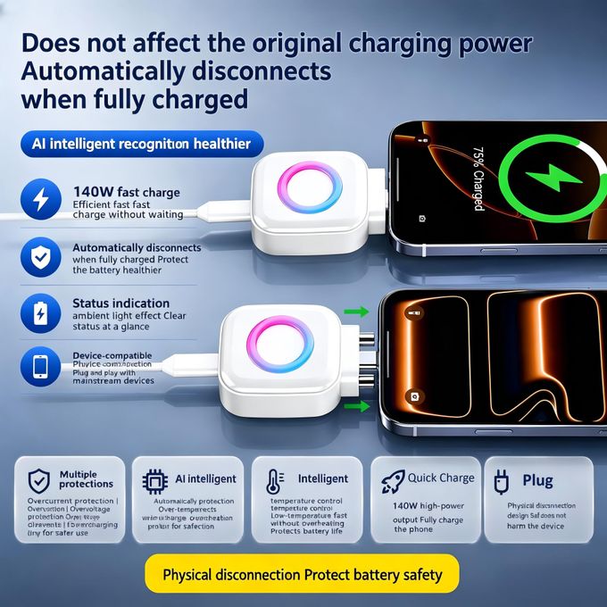 140W Fast Charging Auto-Disconnect USB-C Adapter, AI Smart Identification Overcharge Protection Charger Adapter with LED Indicator for All Type-C Phones, Laptops & Devices