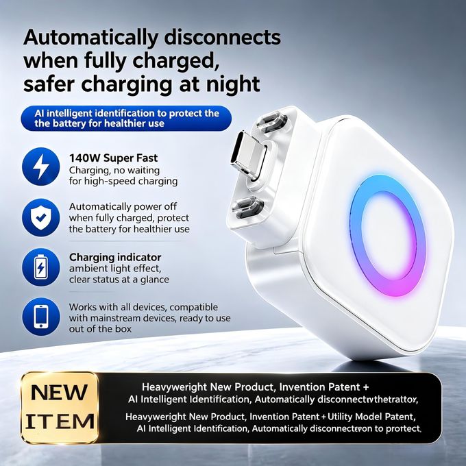 140W Fast Charging Auto-Disconnect USB-C Adapter, AI Smart Identification Overcharge Protection Charger Adapter with LED Indicator for All Type-C Phones, Laptops & Devices