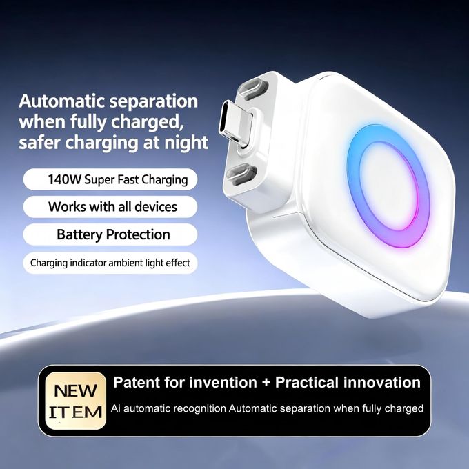 140W Fast Charging Auto-Disconnect USB-C Adapter, AI Smart Identification Overcharge Protection Charger Adapter with LED Indicator for All Type-C Phones, Laptops & Devices