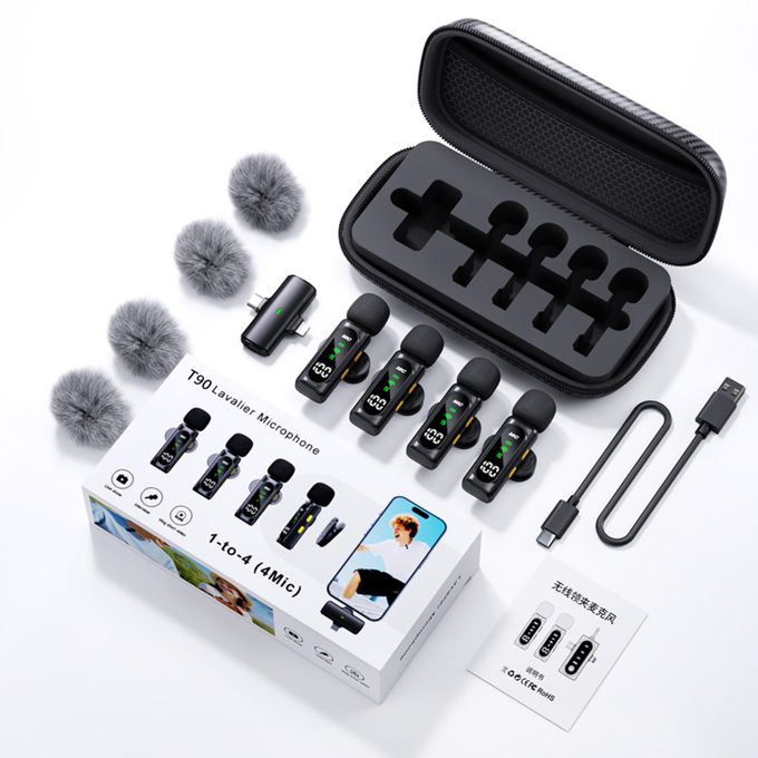 T90 4 in 1 Wireless Microphone, Noise Reduction Collar Mic with Charging Case, Wireless 4-Mic & 1 Receiver for Video Recording, YouTube, Facebook, Live Stream for All Type C Android & iPhone