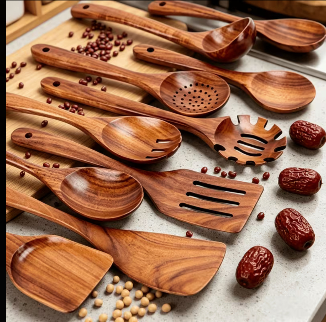 10/4-Piece Wooden Kitchen Utensil Set, Natural Wooden Spoons - Premium Kitchen Tools, Ideal for Stirring, Mixing & Serving - Durable, Perfect for Home Cooks, Great Gift for Mother's Day, Father's Day, Christmas, etc. (Note: The original text